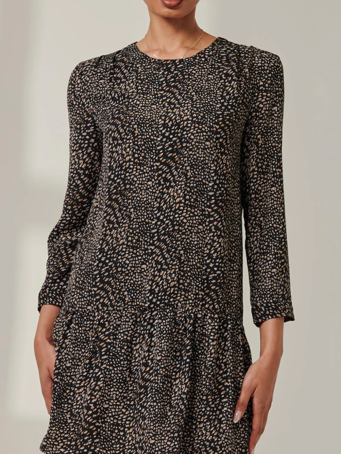 Jolene Tiered Hem Tunic Dress, Black Animal