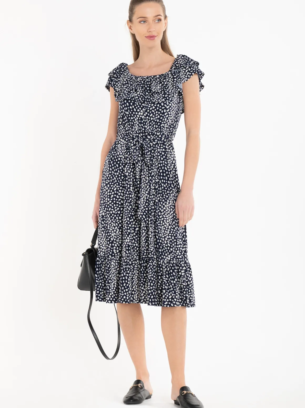 Jolie Moi Abstract Spot Ruffle Midi Dress, Navy Animal
