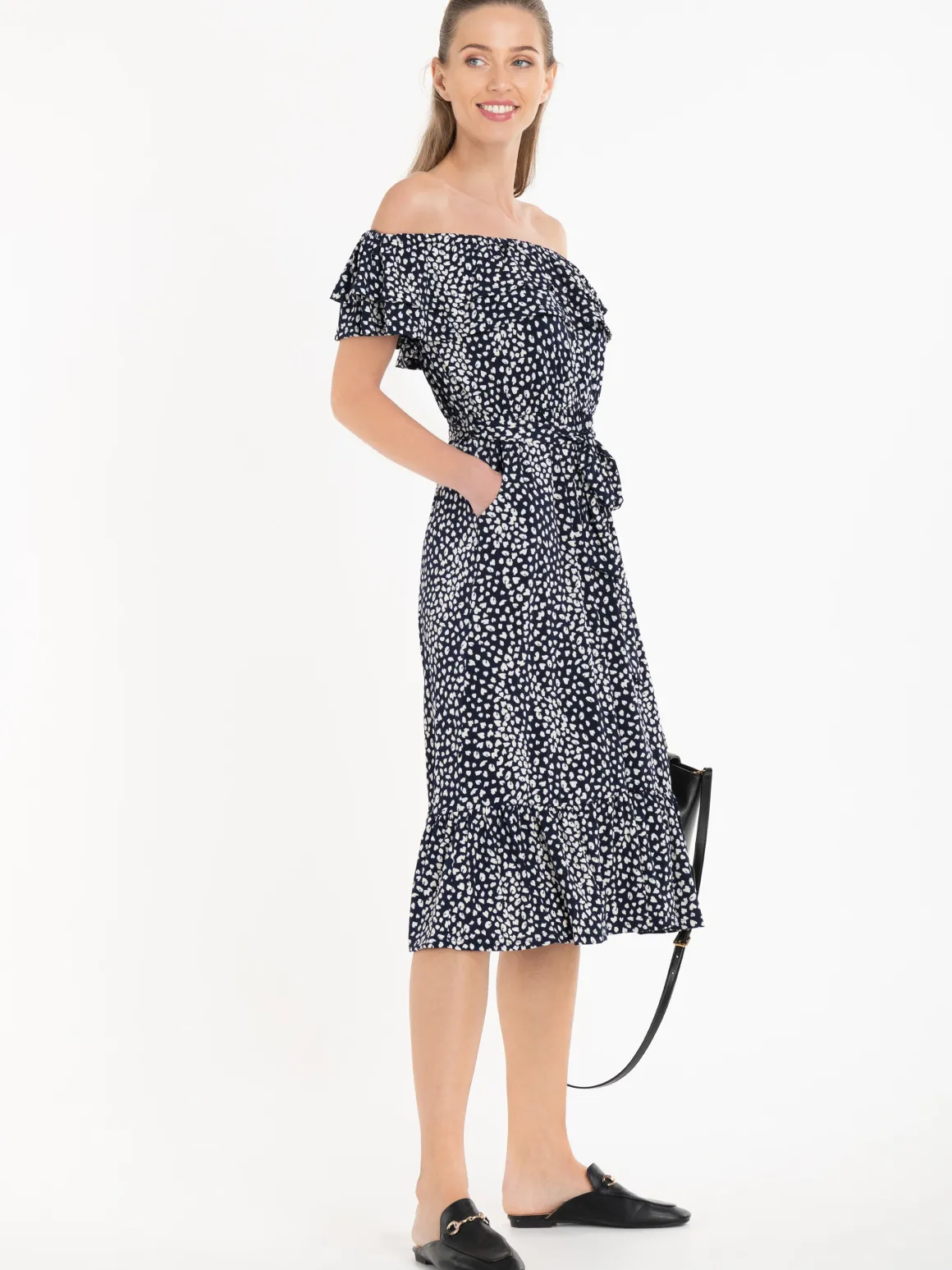 Jolie Moi Abstract Spot Ruffle Midi Dress, Navy Animal