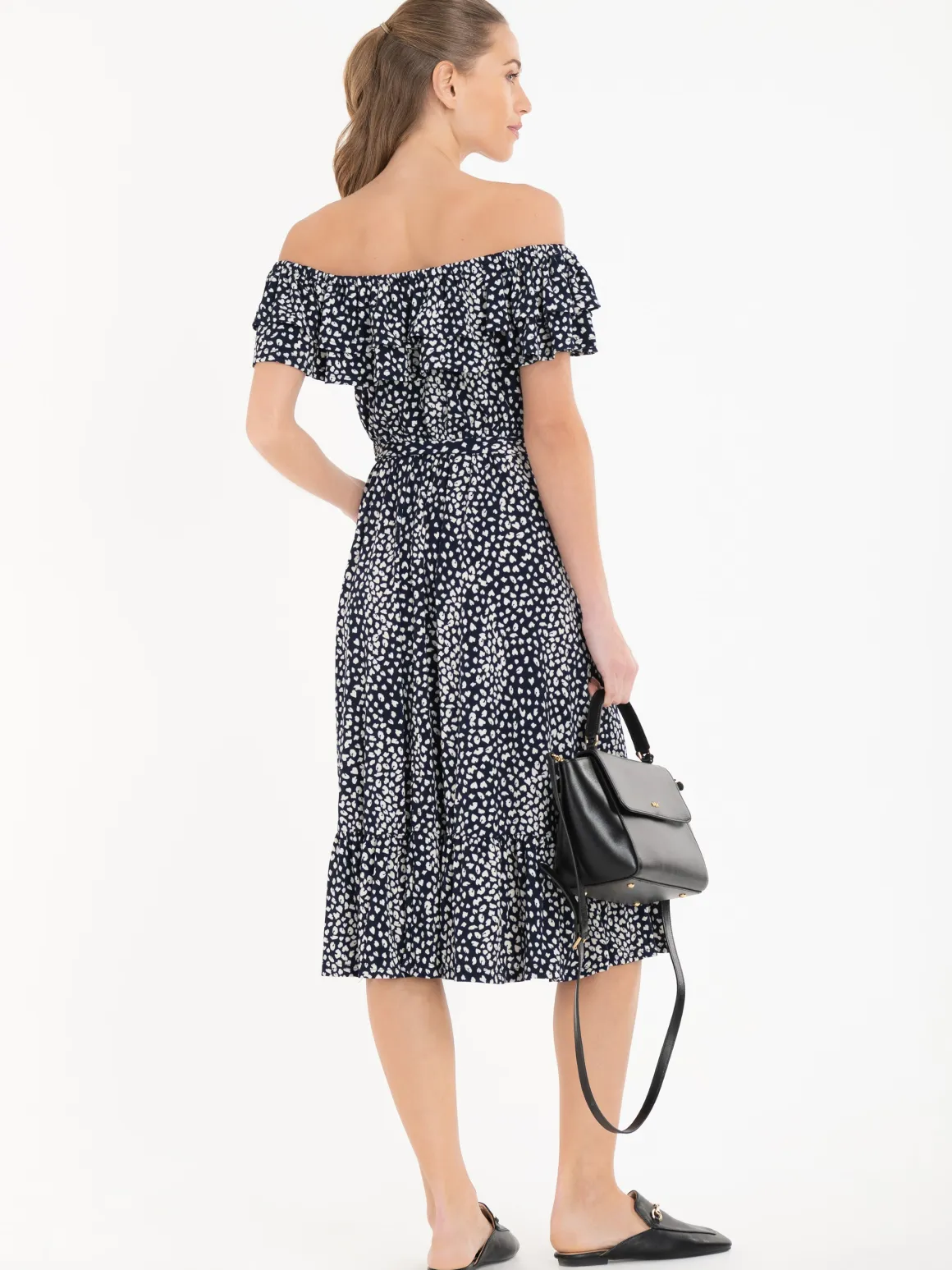 Jolie Moi Abstract Spot Ruffle Midi Dress, Navy Animal