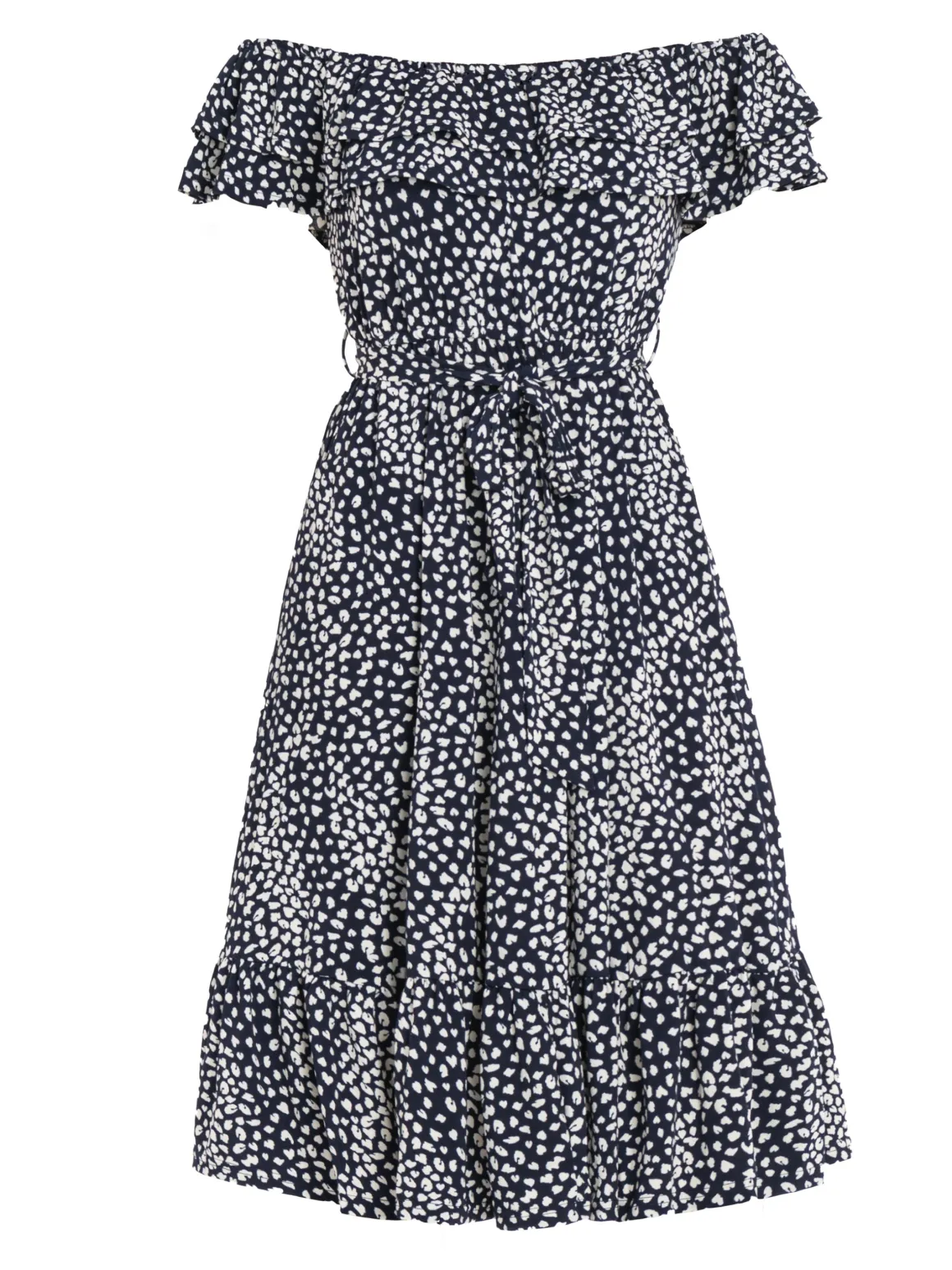 Jolie Moi Abstract Spot Ruffle Midi Dress, Navy Animal