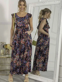 Jolie Moi Adalena Frill Shoulder Maxi Dress, Navy Multi