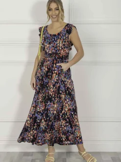 Jolie Moi Adalena Frill Shoulder Maxi Dress, Navy Multi