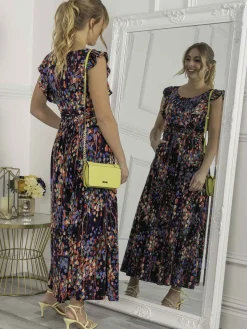 Jolie Moi Adalena Frill Shoulder Maxi Dress, Navy Multi