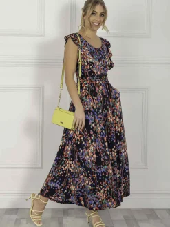Jolie Moi Adalena Frill Shoulder Maxi Dress, Navy Multi