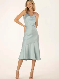 Jolie Moi Alaysha Cowl Neck Satin Dress, Dusky Blue