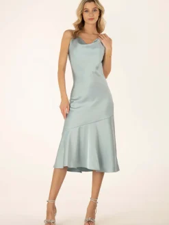 Jolie Moi Alaysha Cowl Neck Satin Dress, Dusky Blue