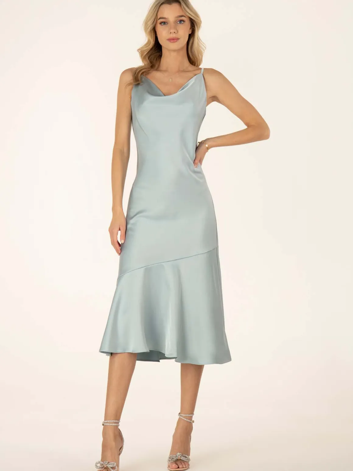 Jolie Moi Alaysha Cowl Neck Satin Dress, Dusky Blue
