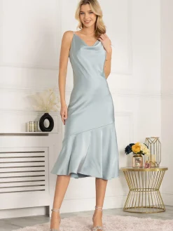 Jolie Moi Alaysha Cowl Neck Satin Dress, Dusky Blue