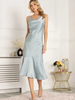 Jolie Moi Alaysha Cowl Neck Satin Dress, Dusky Blue