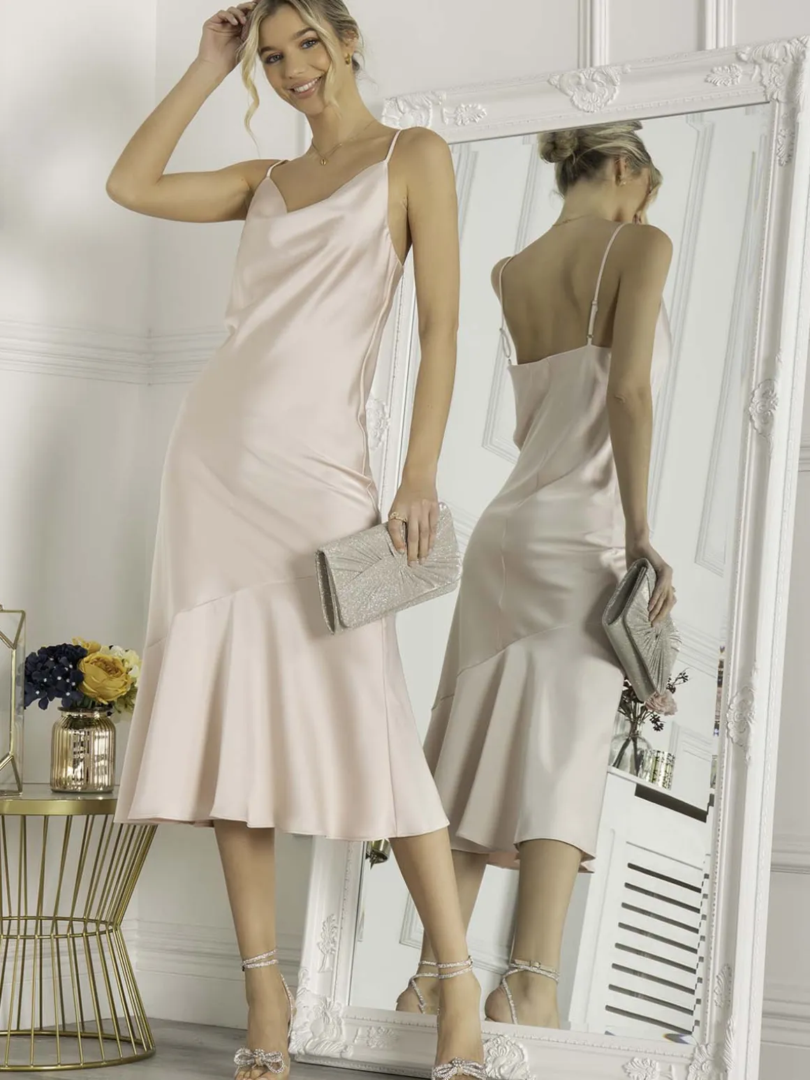 Jolie Moi Alaysha Cowl Neck Satin Dress, Dusty Pink