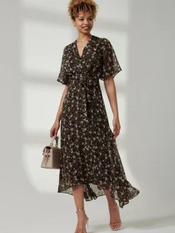 Jolie Moi Angel Sleeve Wrap Tie Front Maxi Dress, Black Floral