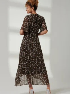 Jolie Moi Angel Sleeve Wrap Tie Front Maxi Dress, Black Floral