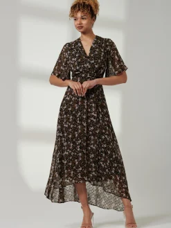 Jolie Moi Angel Sleeve Wrap Tie Front Maxi Dress, Black Floral