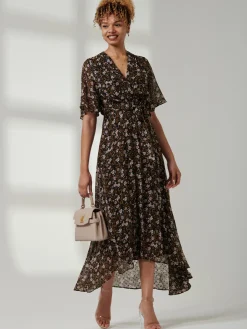 Jolie Moi Angel Sleeve Wrap Tie Front Maxi Dress, Black Floral