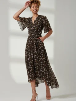 Jolie Moi Angel Sleeve Wrap Tie Front Maxi Dress, Black Floral