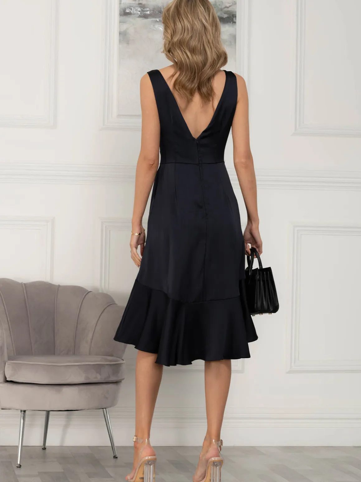 Jolie Moi Annabeth V Neck Flare Dress, Navy