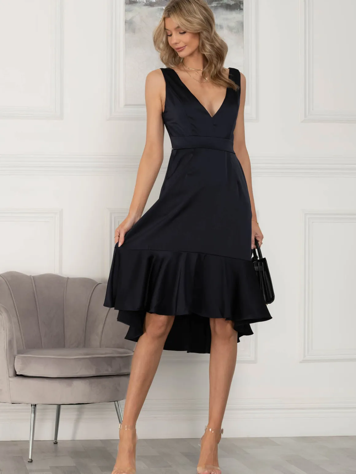 Jolie Moi Annabeth V Neck Flare Dress, Navy