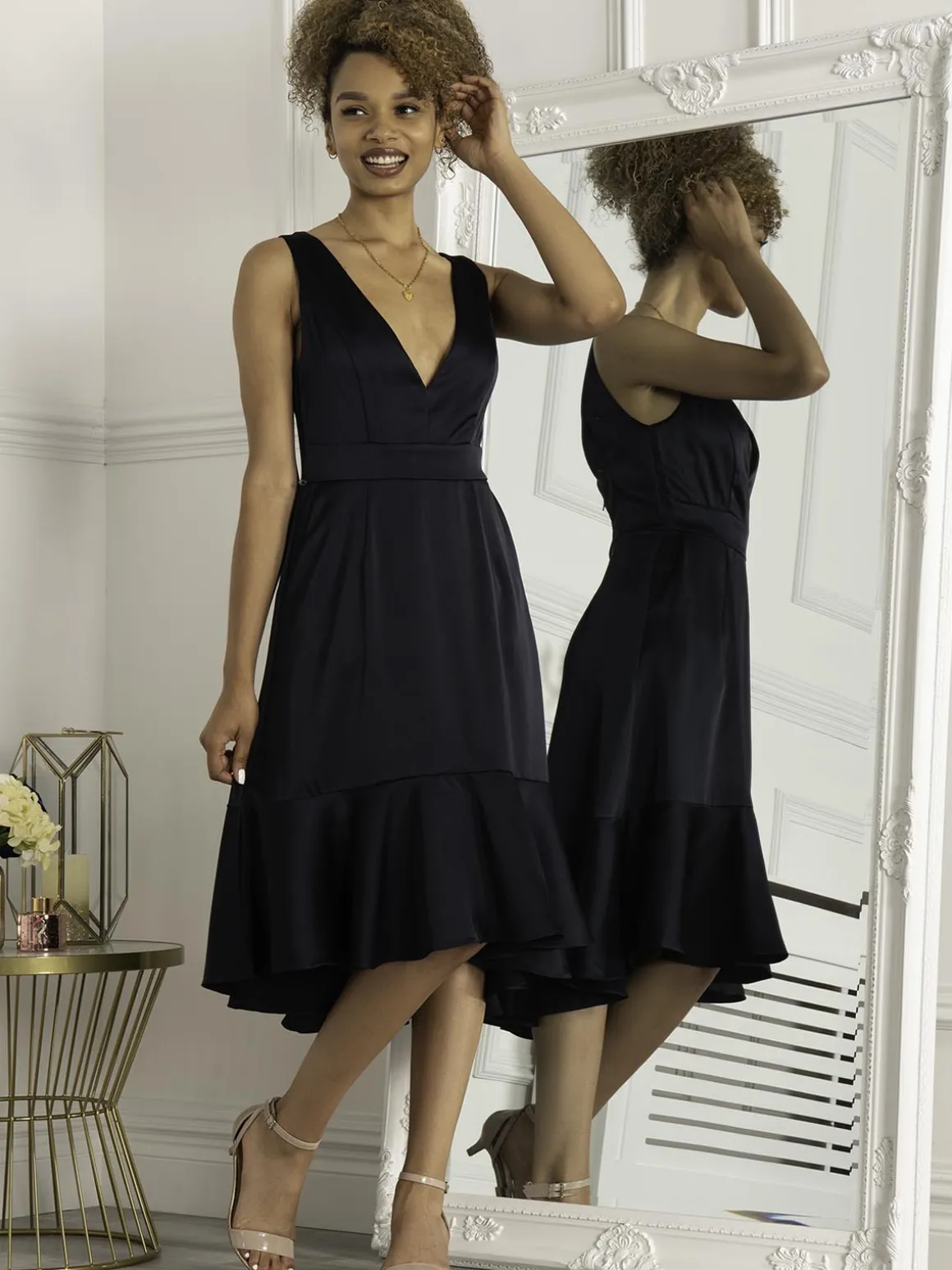 Jolie Moi Annabeth V Neck Flare Dress, Navy