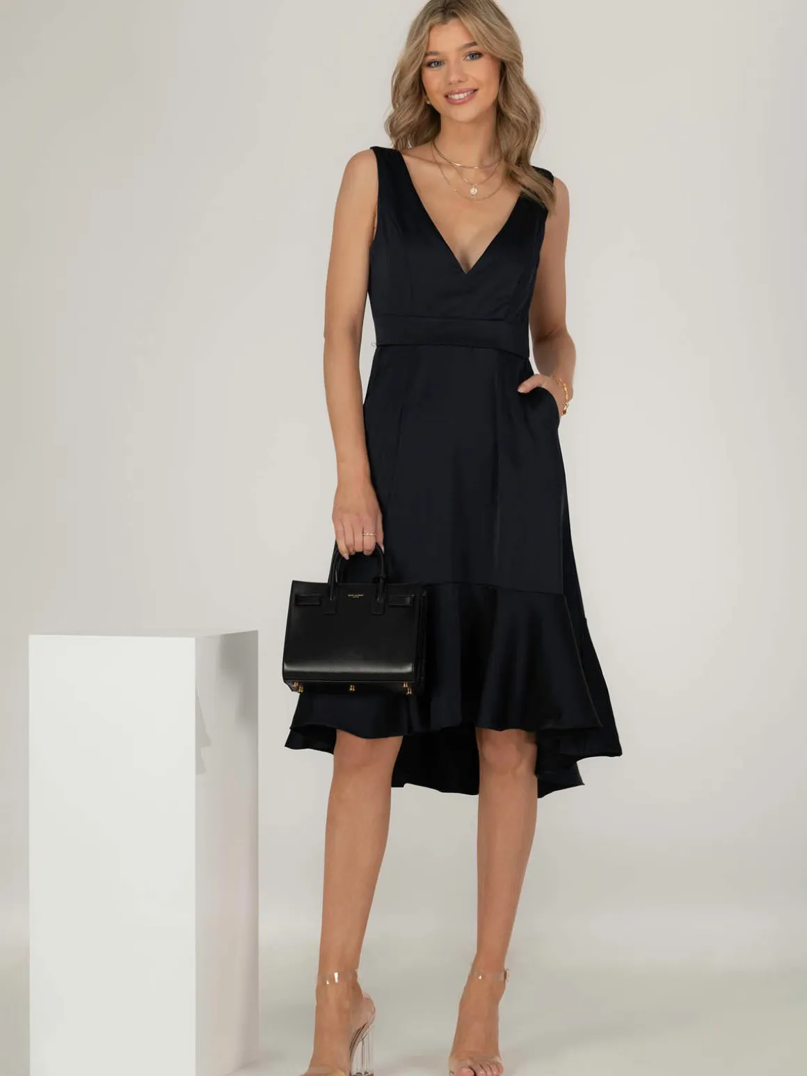 Jolie Moi Annabeth V Neck Flare Dress, Navy