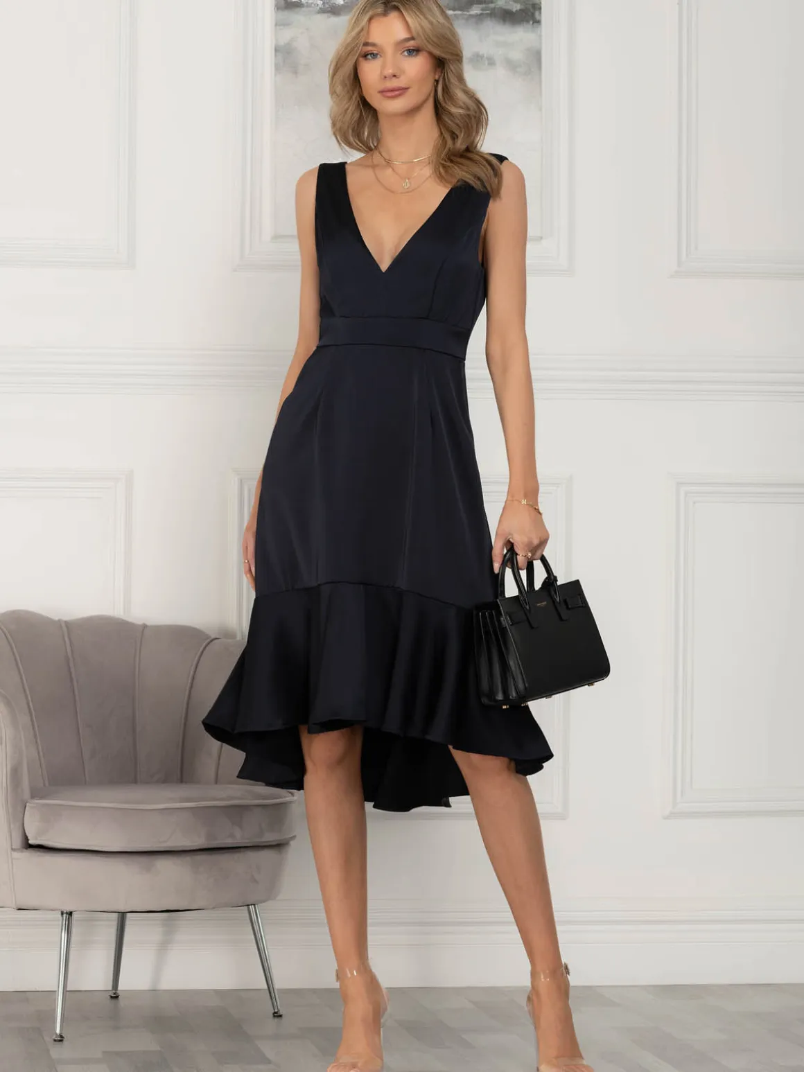 Jolie Moi Annabeth V Neck Flare Dress, Navy