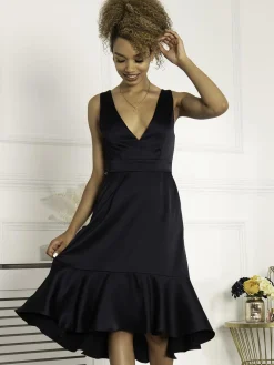 Jolie Moi Annabeth V Neck Flare Dress, Navy