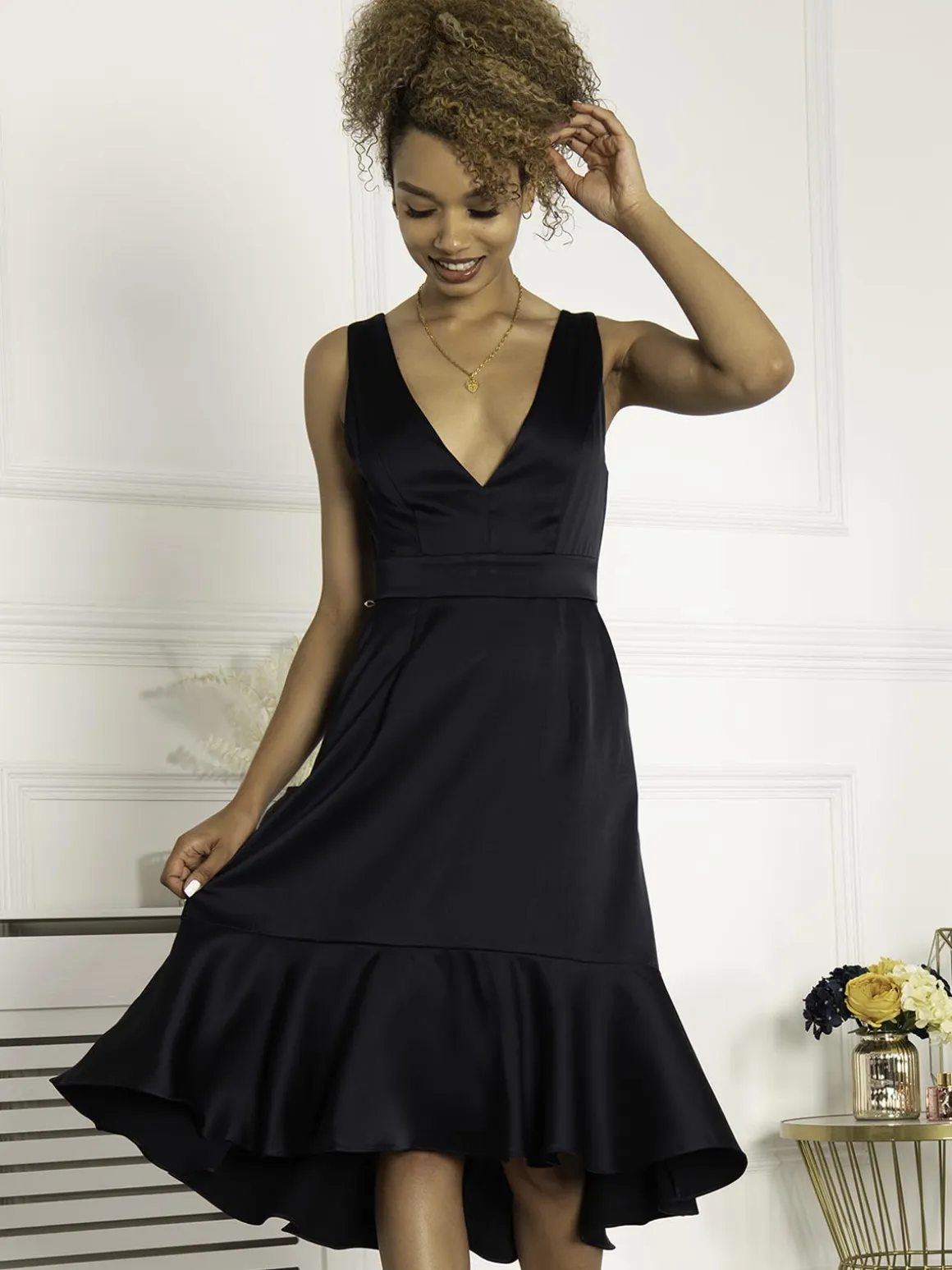 Jolie Moi Annabeth V Neck Flare Dress, Navy