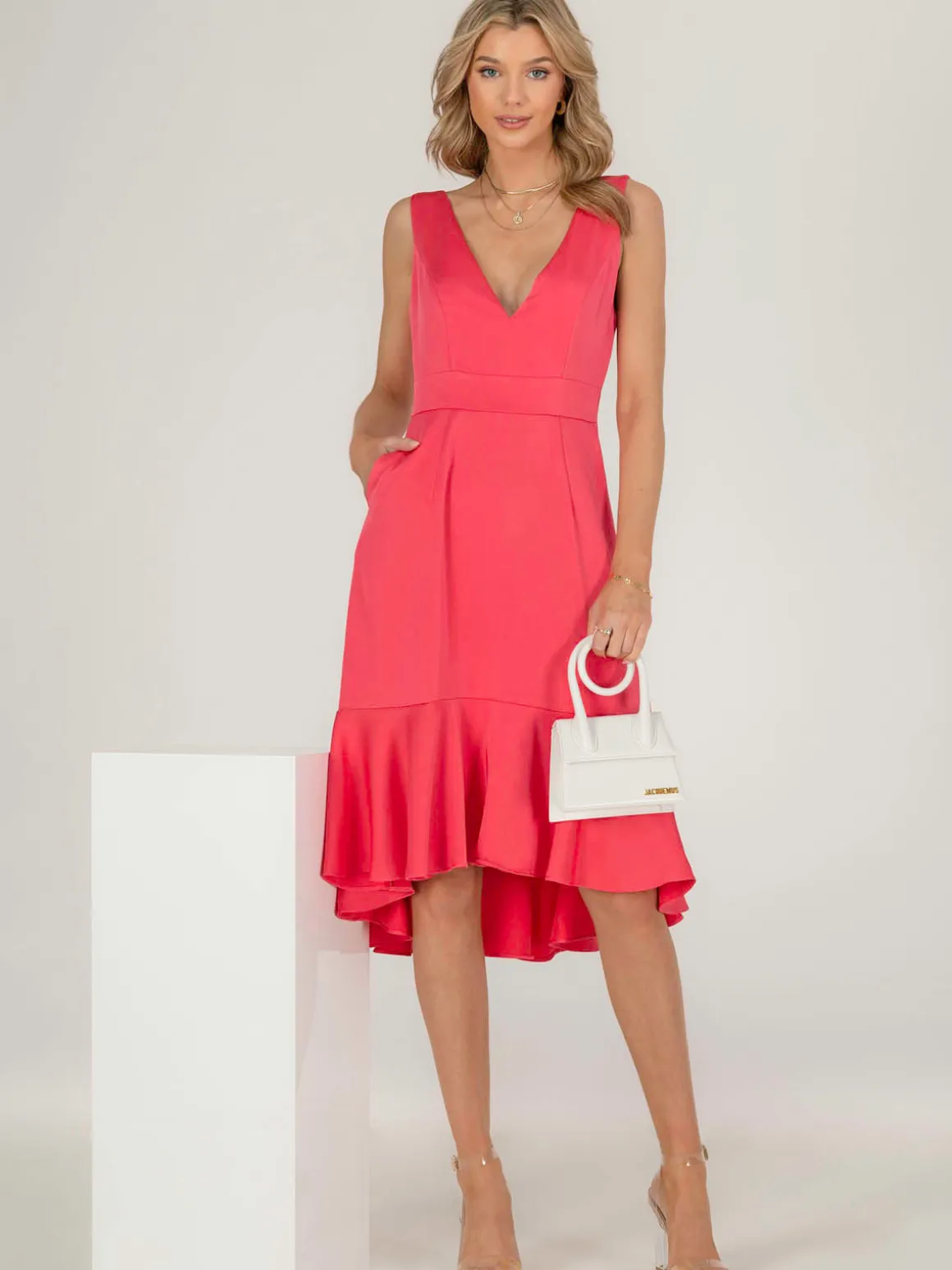Jolie Moi Annabeth V Neck Flare Dress, Pink