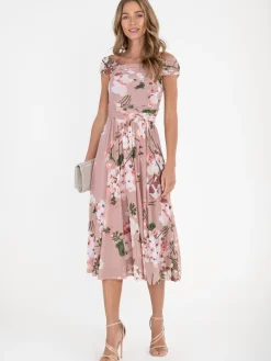 Jolie Moi Bardot Floral Mesh Midi Dress, Pink Floral