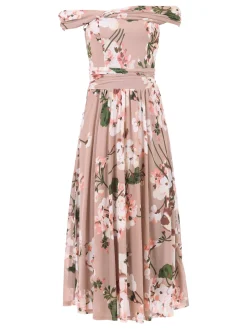 Jolie Moi Bardot Floral Mesh Midi Dress, Pink Floral