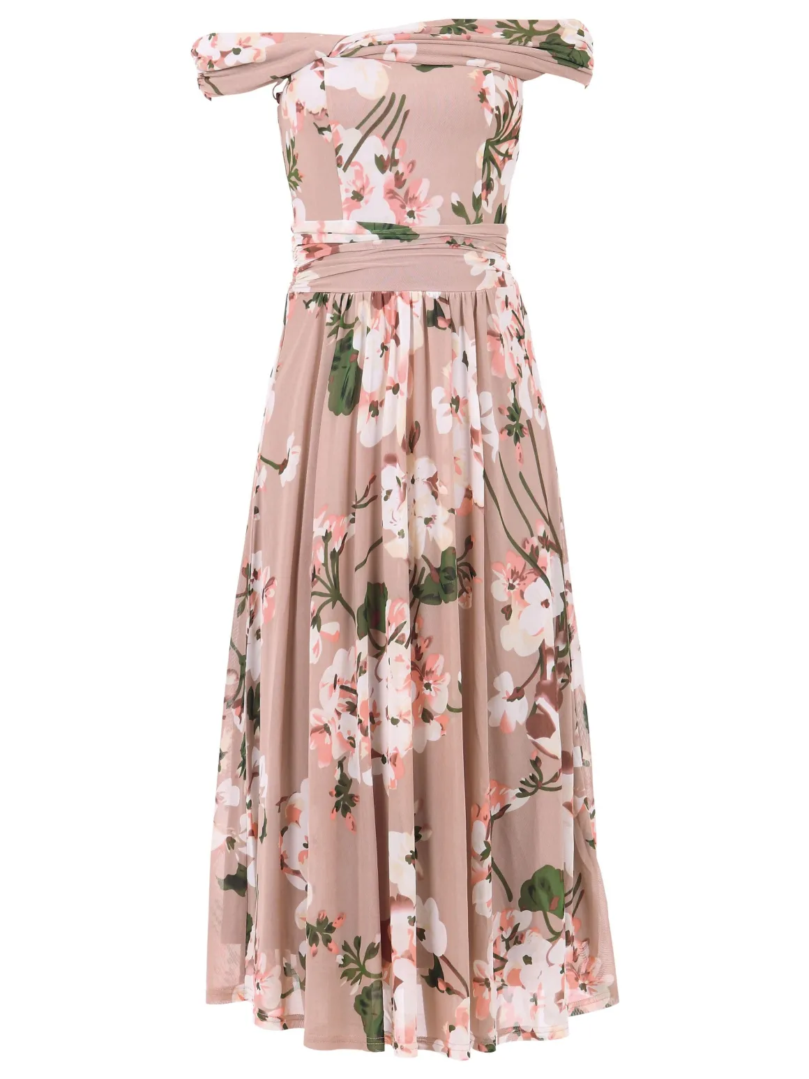 Jolie Moi Bardot Floral Mesh Midi Dress, Pink Floral