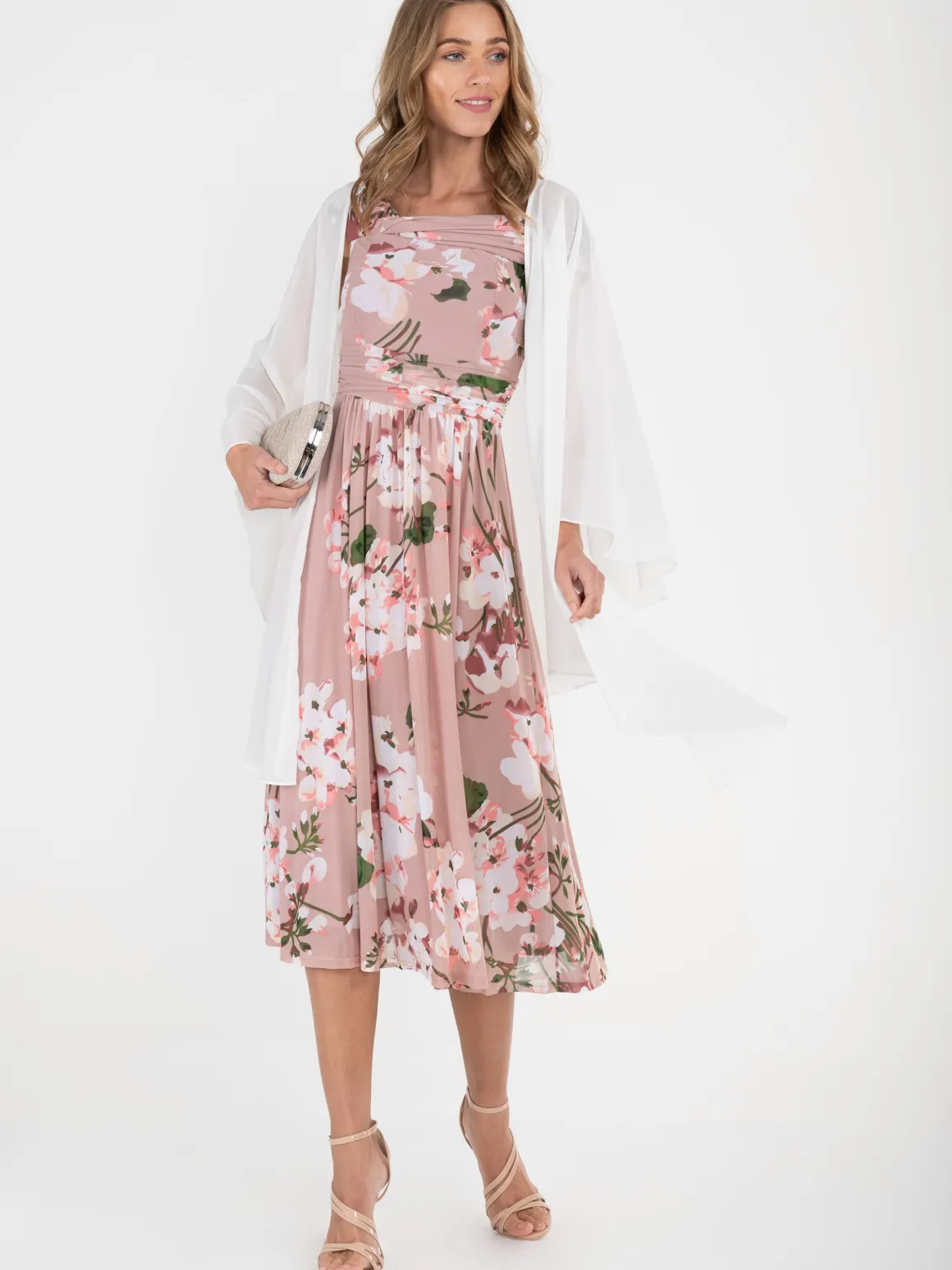 Jolie Moi Bardot Floral Mesh Midi Dress, Pink Floral
