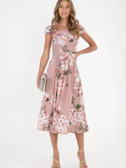 Jolie Moi Bardot Floral Mesh Midi Dress, Pink Floral