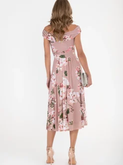 Jolie Moi Bardot Floral Mesh Midi Dress, Pink Floral