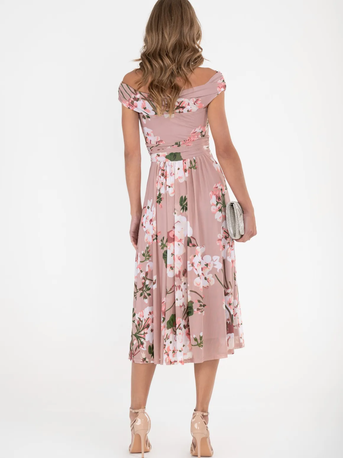 Jolie Moi Bardot Floral Mesh Midi Dress, Pink Floral