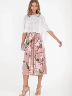 Jolie Moi Bardot Floral Mesh Midi Dress, Pink Floral