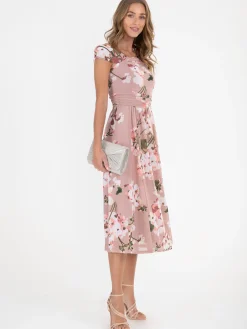Jolie Moi Bardot Floral Mesh Midi Dress, Pink Floral