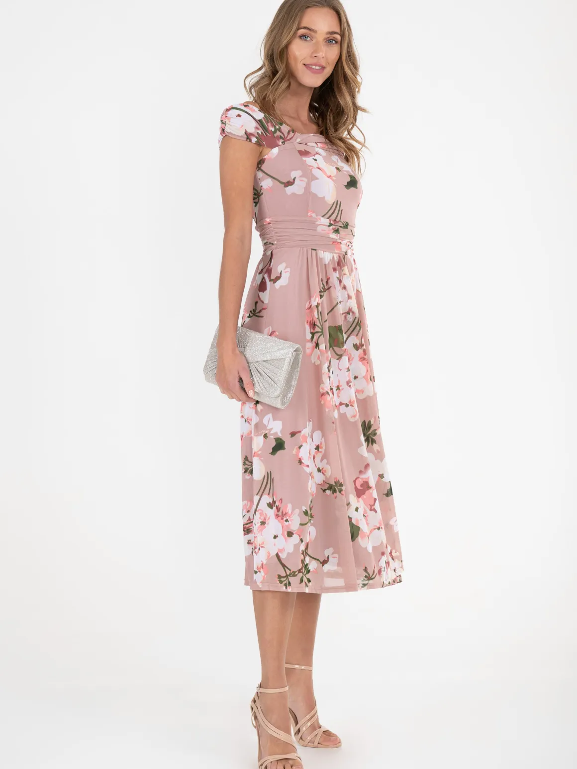 Jolie Moi Bardot Floral Mesh Midi Dress, Pink Floral