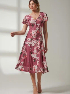 Jolie Moi Bellona Fit & Flare Mesh Dress, Dark Mauve