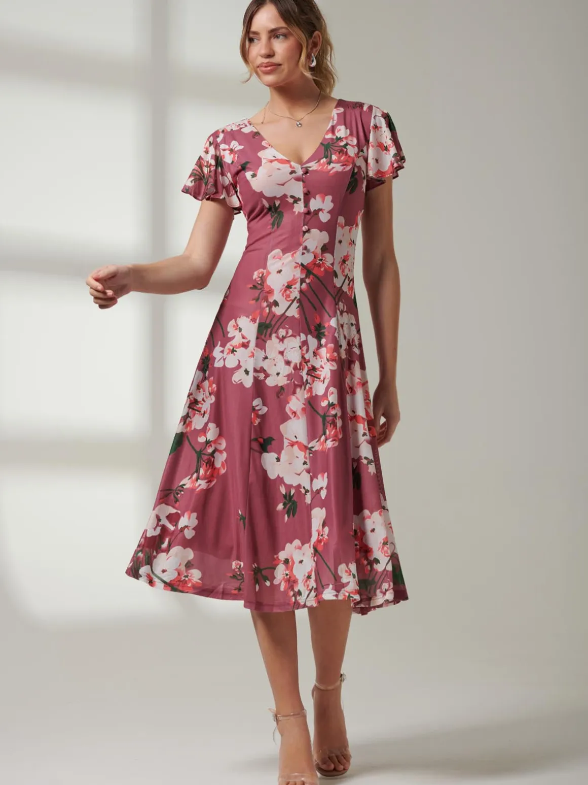 Jolie Moi Bellona Fit & Flare Mesh Dress, Dark Mauve