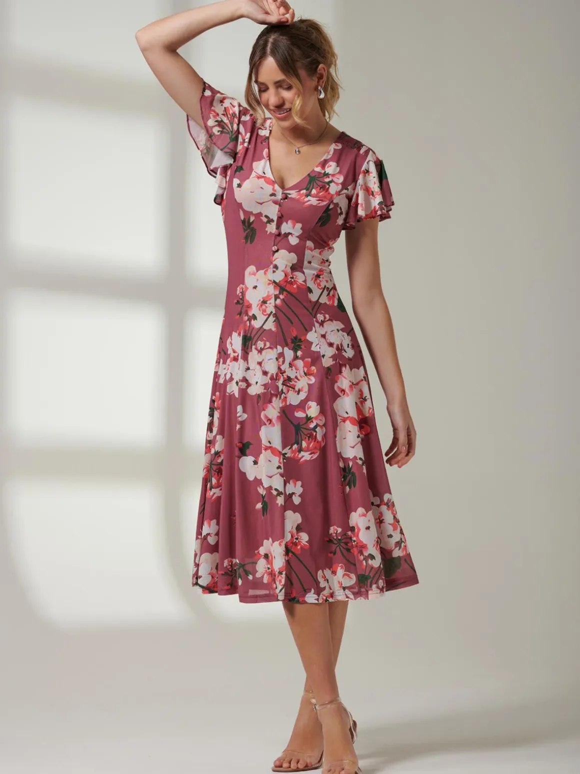 Jolie Moi Bellona Fit & Flare Mesh Dress, Dark Mauve