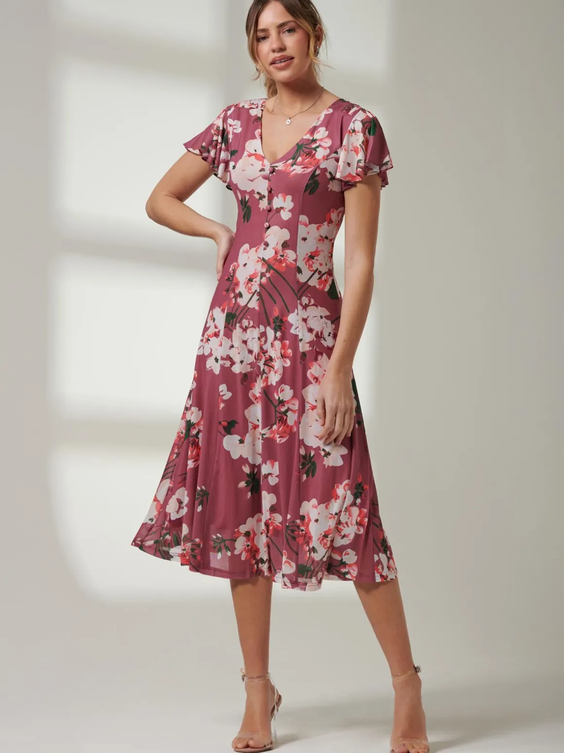 Jolie Moi Bellona Fit & Flare Mesh Dress, Dark Mauve