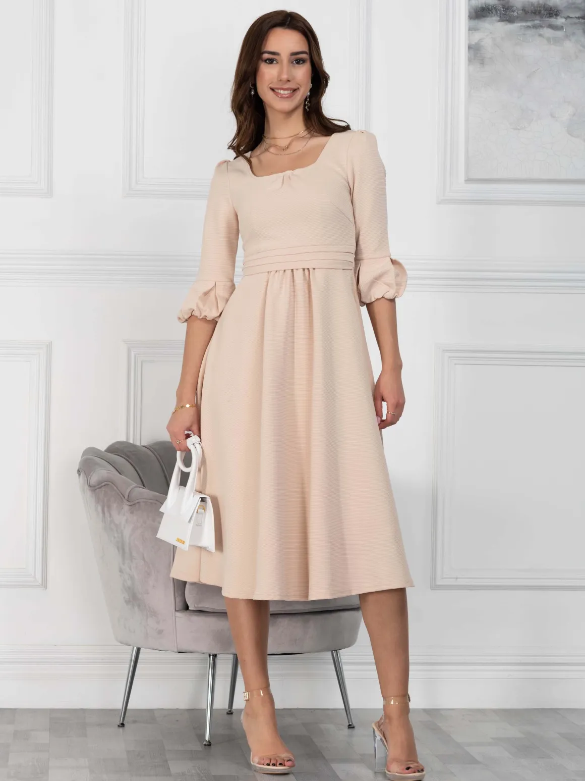 Jolie Moi Bell Sleeve Midi Dress, Oyster