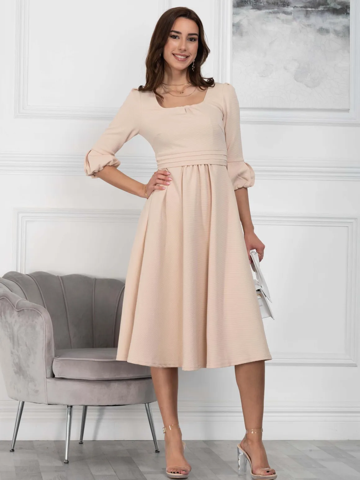 Jolie Moi Bell Sleeve Midi Dress, Oyster
