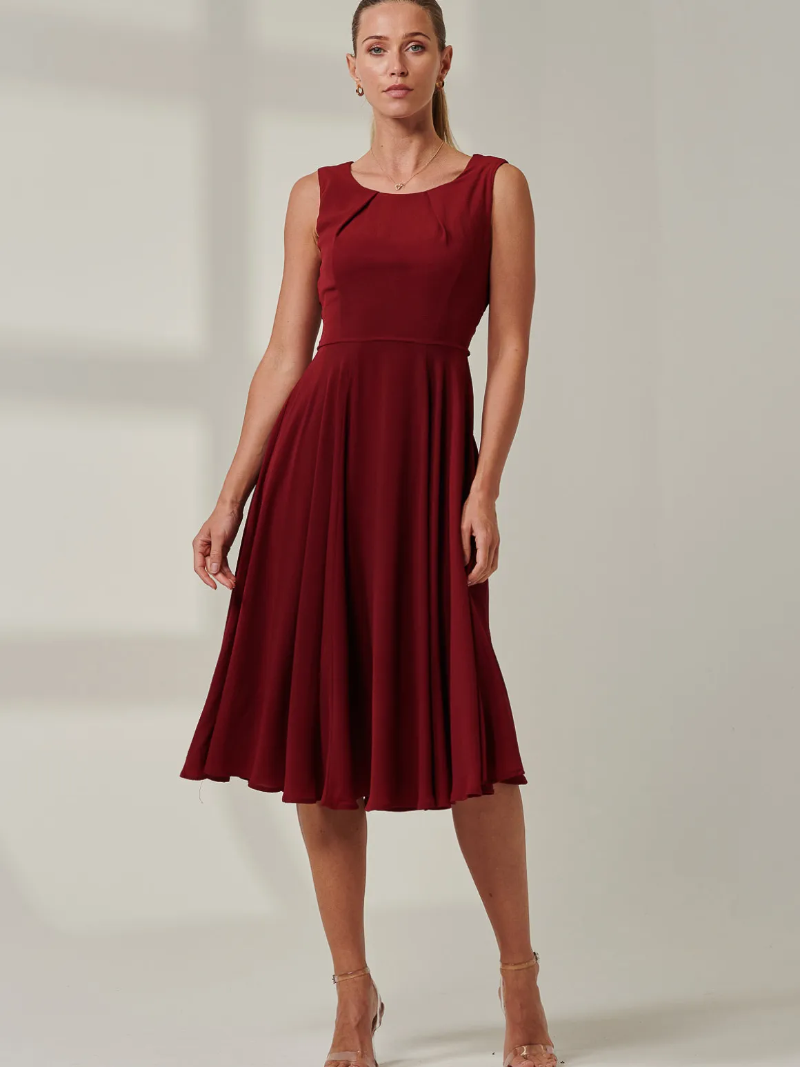 Jolie Moi Black Belted Fit And Flare Dress, Burgundy