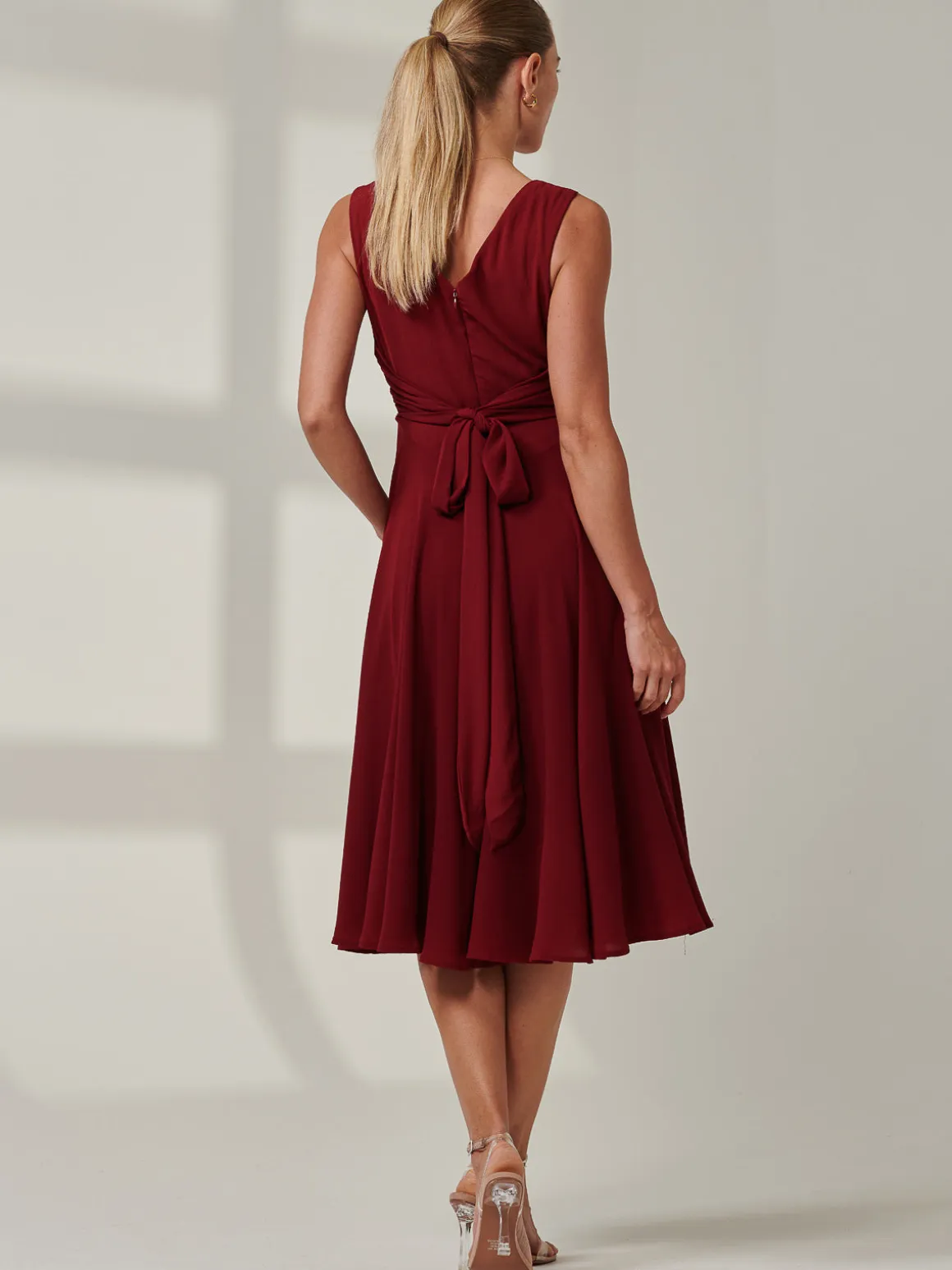 Jolie Moi Black Belted Fit And Flare Dress, Burgundy
