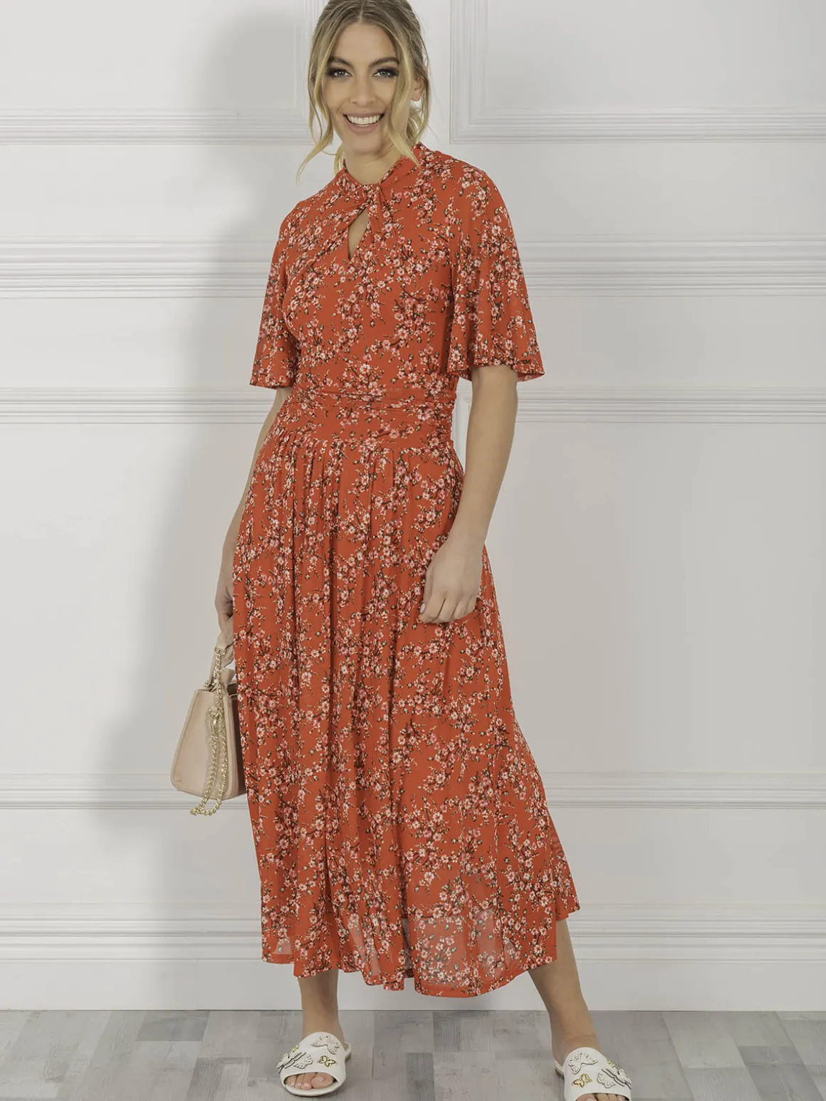 Jolie Moi Carina Key Hole Mesh Midi Dress, Red Floral