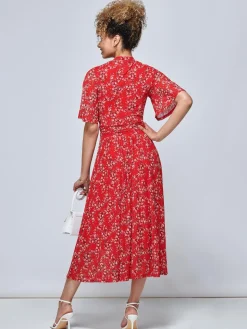 Jolie Moi Carina Key Hole Mesh Midi Dress, Red Floral