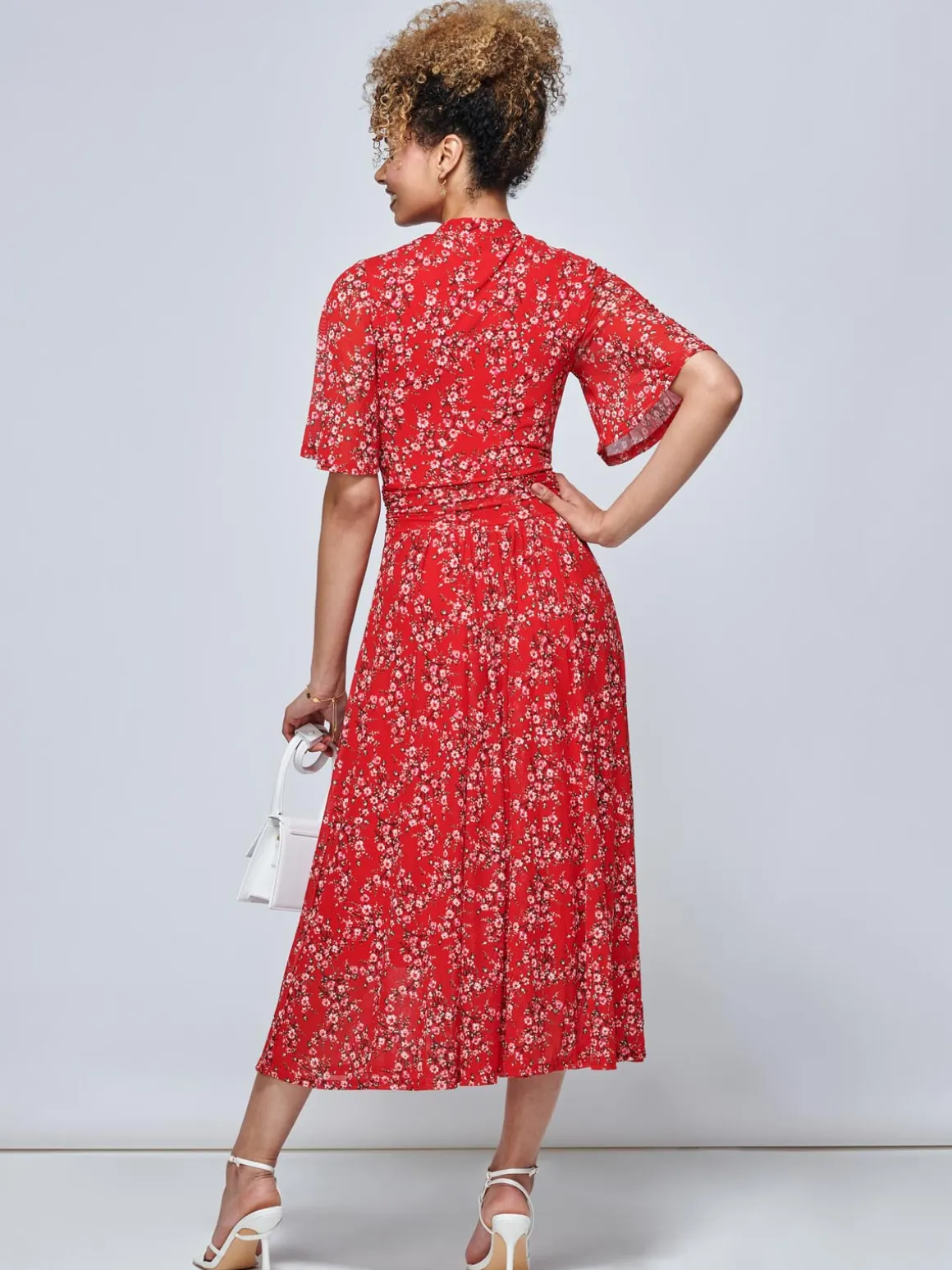 Jolie Moi Carina Key Hole Mesh Midi Dress, Red Floral