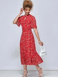 Jolie Moi Carina Key Hole Mesh Midi Dress, Red Floral